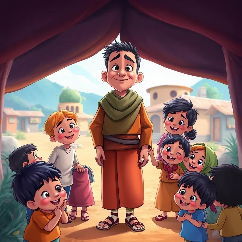 A stranger in strange clothes being welcomed by Ali, surrounded by supportive children, vibrant village background, caring smiles, detailed and friendly illustrations