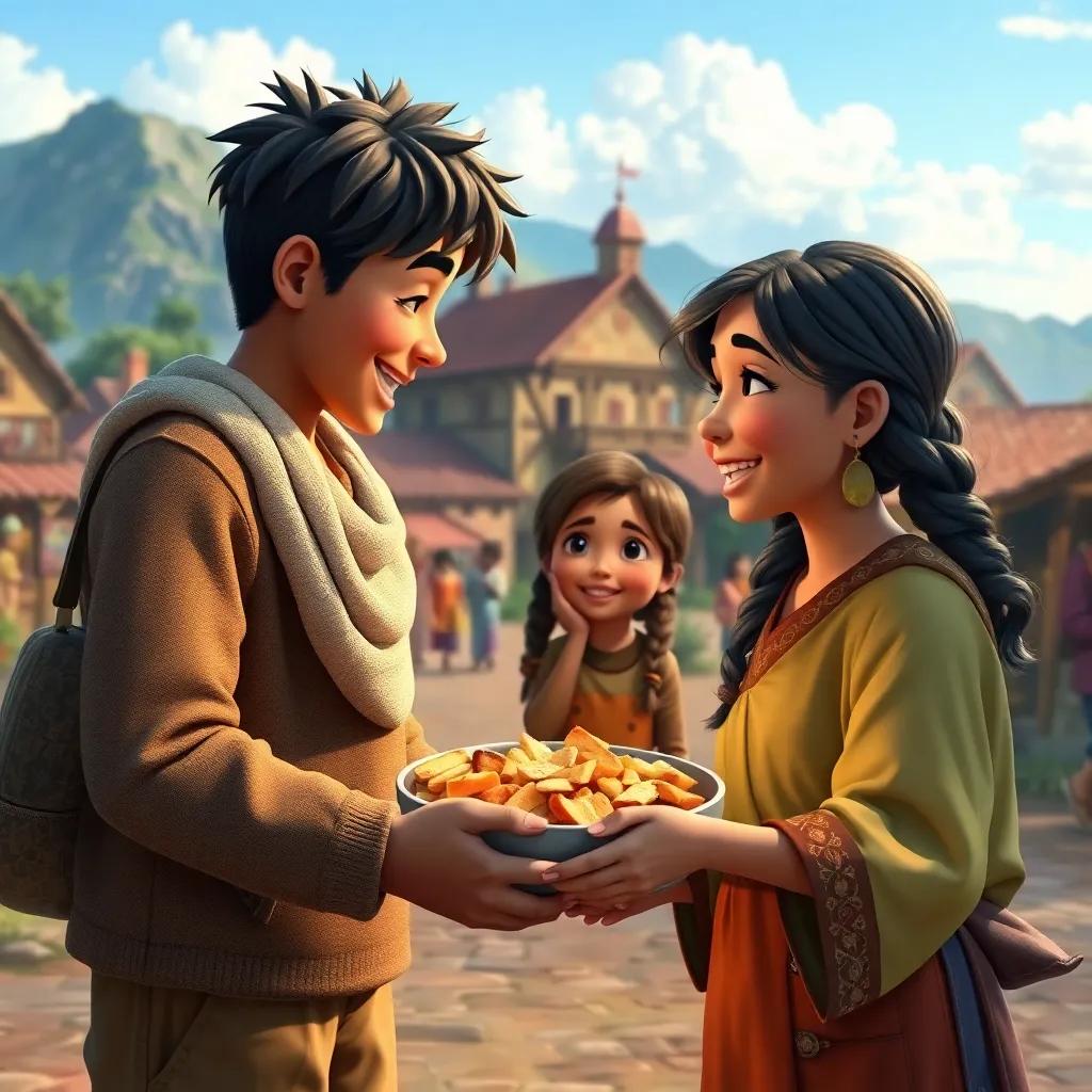 Children sharing food with a grateful stranger, joy and warmth in the air, beautiful village depicted, sense of community, high quality depiction