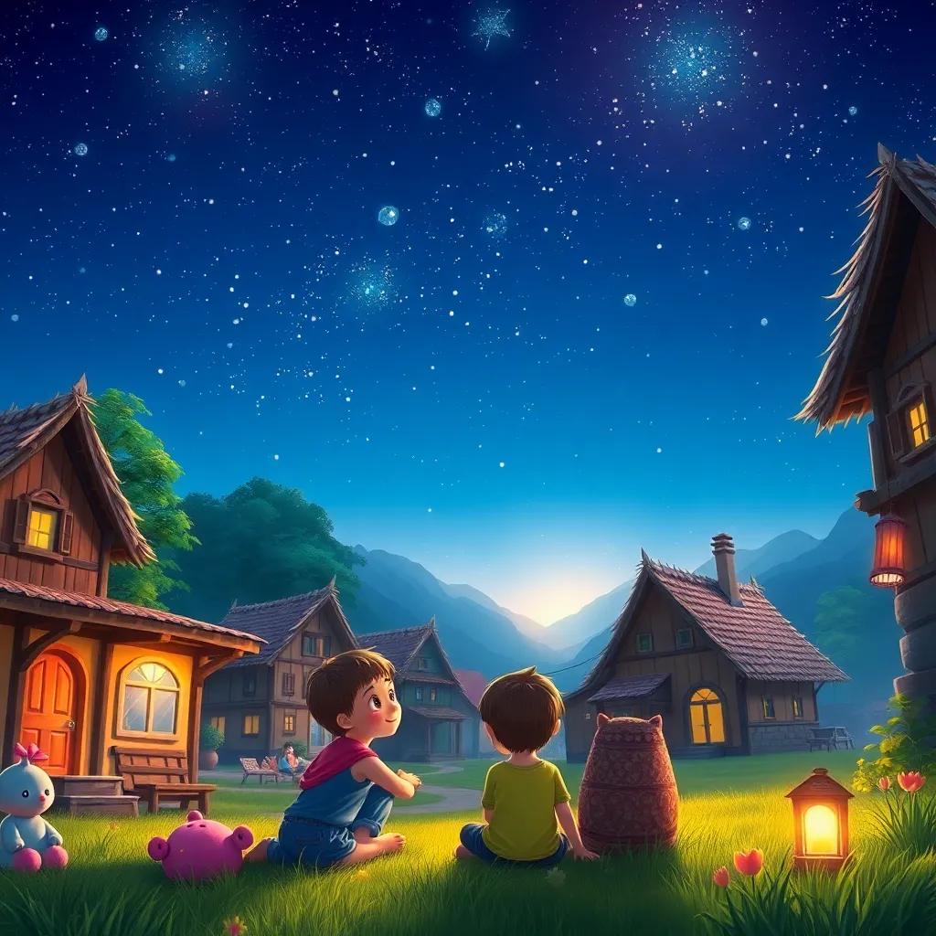 A vibrant village scene with children sitting under the stars, dreaming of the future, twinkling stars above, hopeful atmosphere, detailed close-up