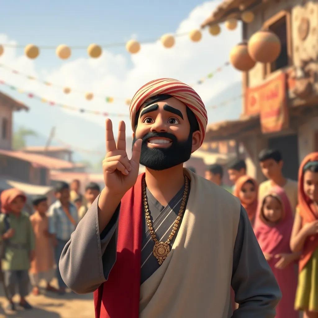 Ali reminding everyone of their heritage, pride in their identity, village life thriving around him, emphasizing the importance of community and heritage, heartwarming imagery