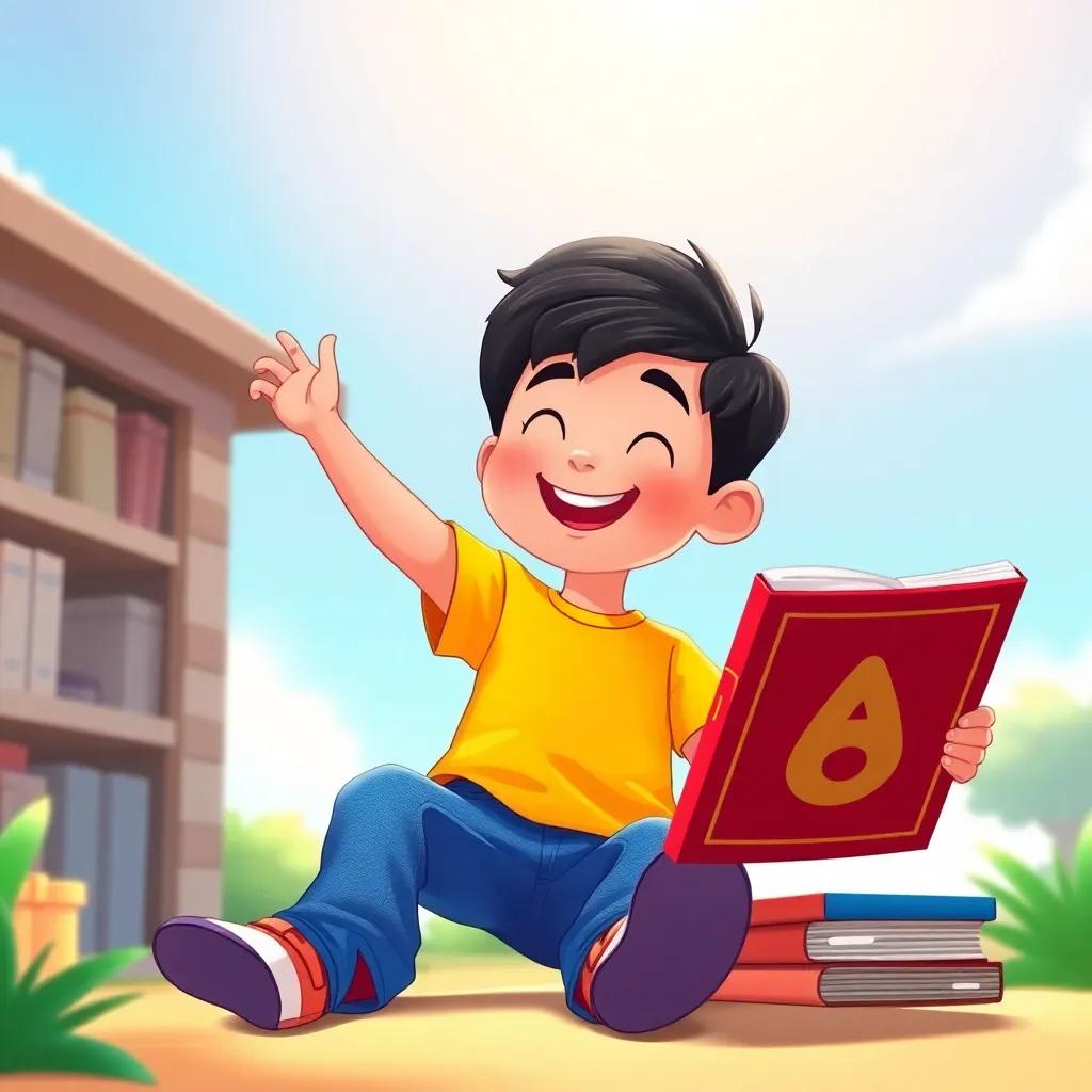 Karam, a cheerful boy with short black hair, wearing a bright t-shirt and jeans, happily sound out the letters from the book, under a sunny sky, illustration, playful, engaging, child-friendly