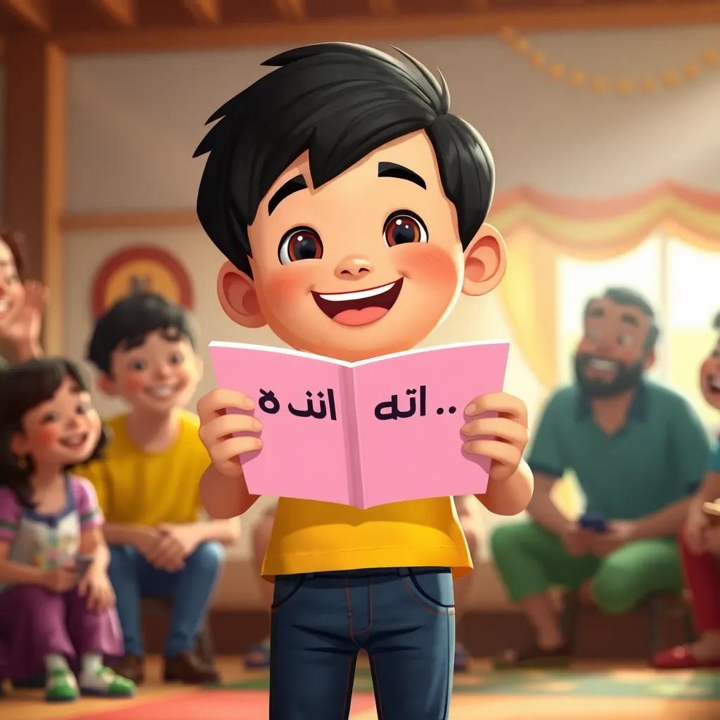 Karam, a cheerful boy with short black hair, wearing a bright t-shirt and jeans, playfully reading the words 'كا كو كي' aloud, surrounded by friends laughing, warm light, colorful environment, joyful scene, cartoon style