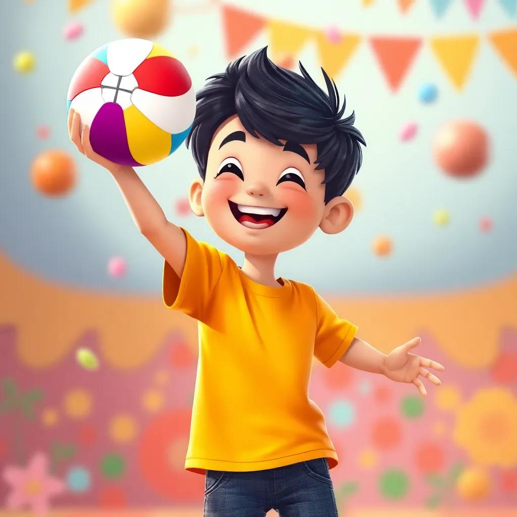 Karam, a cheerful boy with short black hair, wearing a bright t-shirt and jeans, holding a colorful ball, throwing it in the air with excitement, joyful background, bright colors, dynamic action, fun