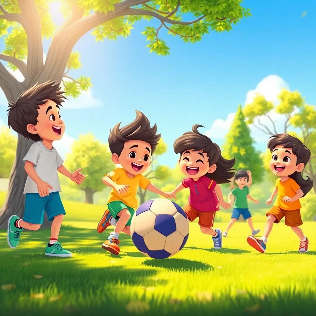 A vibrant scene of Karam playing with friends outside, laughing and kicking a colorful ball, surrounded by trees and blue skies, cheerful atmosphere, child-friendly illustration, warm sunlight