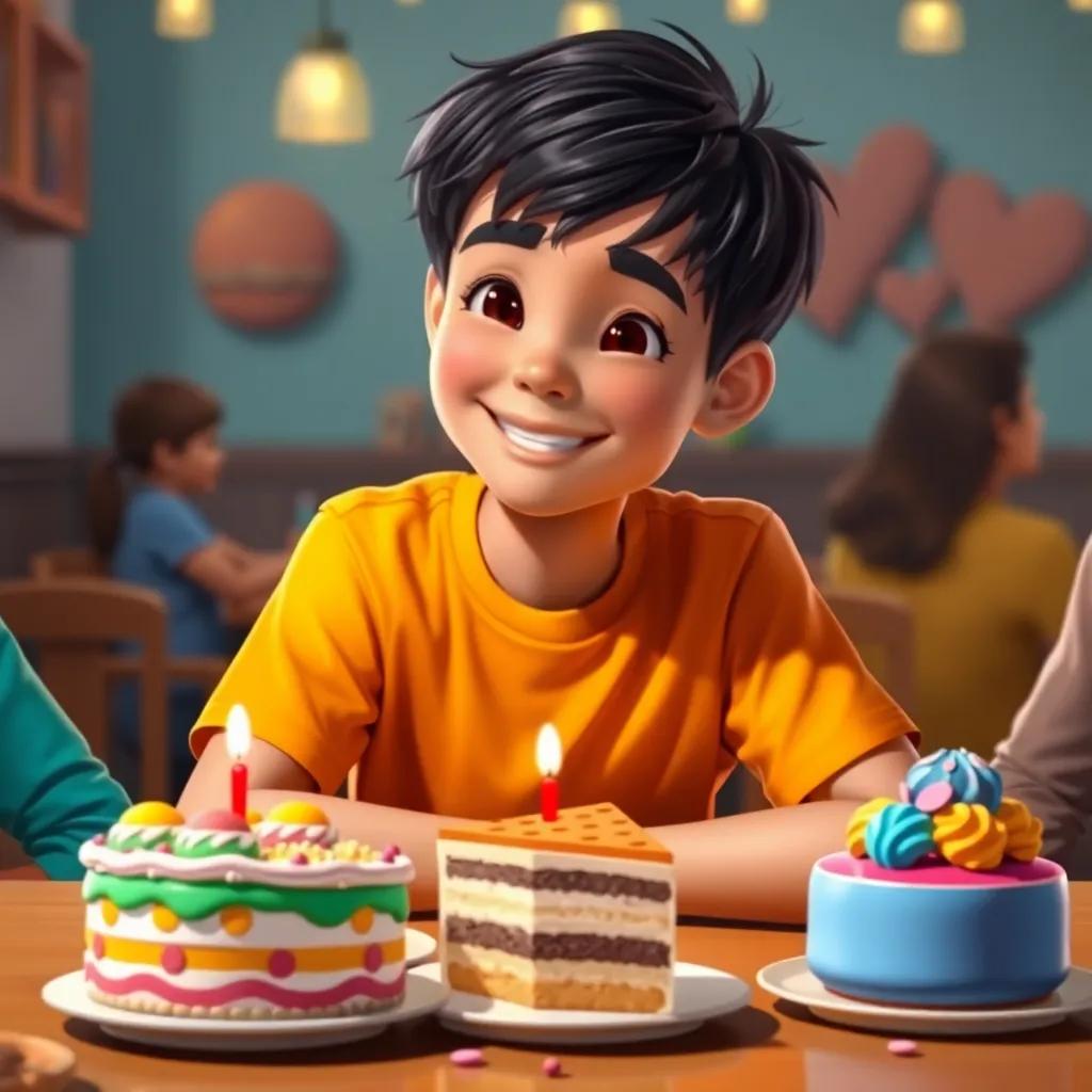 Karam, a cheerful boy with short black hair, dressed cheerful wearing a bright t-shirt, sitting at a table with colorful cakes of different flavors, enjoying the moment with friends, inviting atmosphere, digital painting, delicious colors