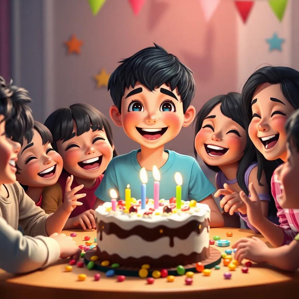Karam, a cheerful boy with short black hair, wearing a bright t-shirt, surrounded by joyful friends around a table filled with cake and candies, everyone laughing together, joyful celebration atmosphere, vibrant colors, heartwarming