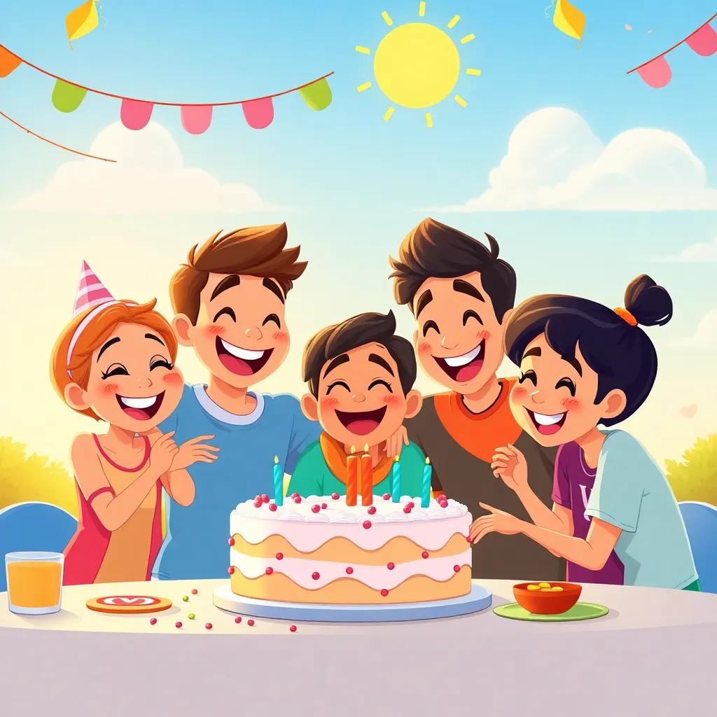 A joyful group of friends, including Karam, enjoying cake and playing a game together, colorful decorations around them under a sunny sky, illustration, warm lighting, fun and friendly
