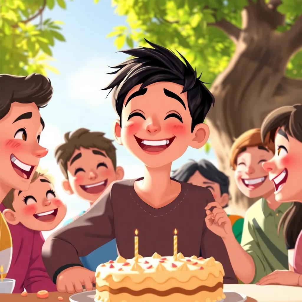 Karam, a cheerful boy with short black hair, celebrating with friends, smiling and eating cake under a tree, the sun shining brightly, happy faces, joyful scene, digital art