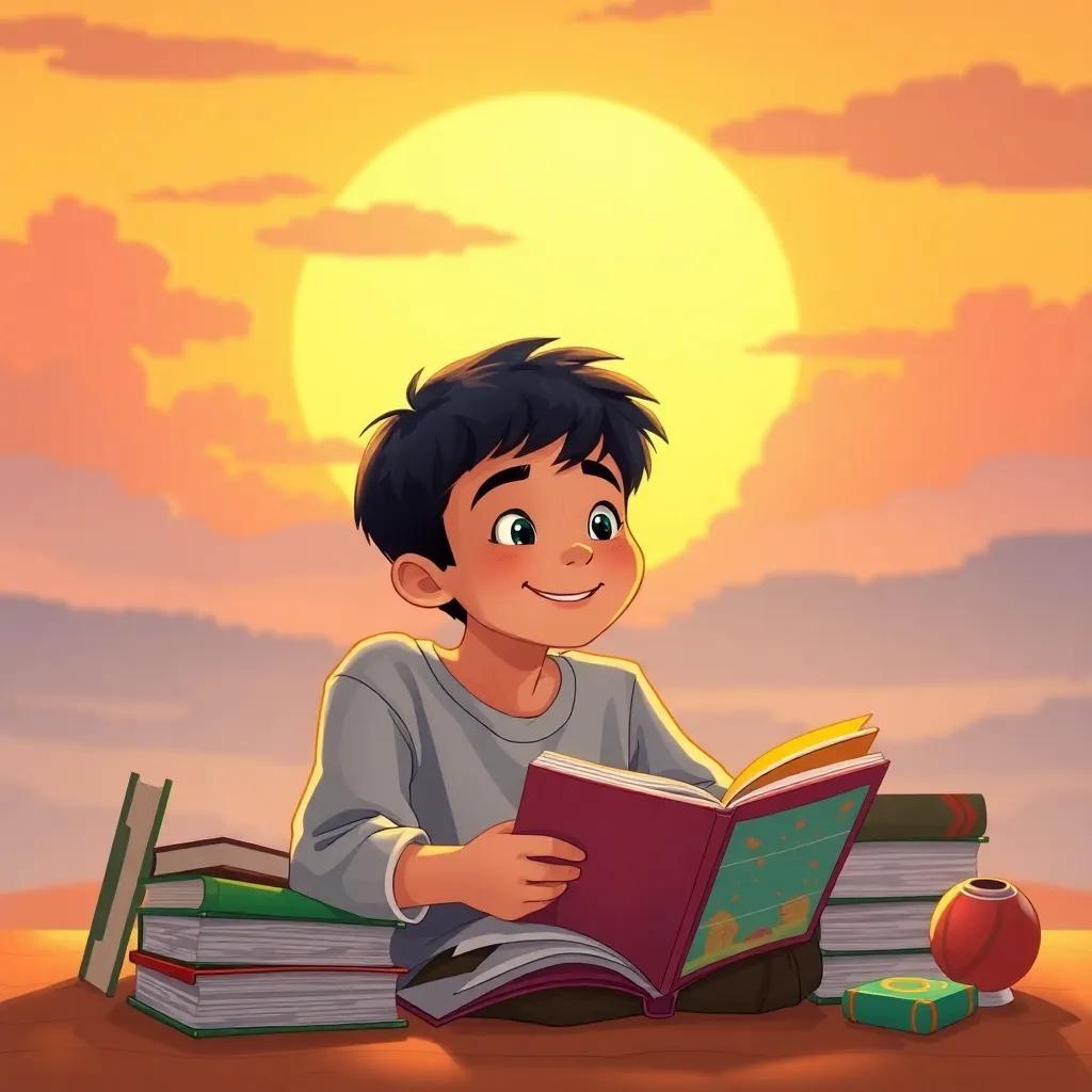 Karam, a cheerful boy with short black hair, reflecting on the joy of reading, playing, and friendship, surrounded by books and games, peaceful sunset background, illustration, warm colors, dreamy atmosphere