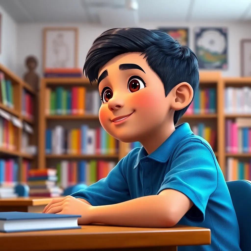 A young Arab boy, Karim, with short black hair wearing a blue shirt, sitting in a classroom looking at a library, cheerful atmosphere, colorful books in the background, digital art, bright colors, inviting scene, high quality