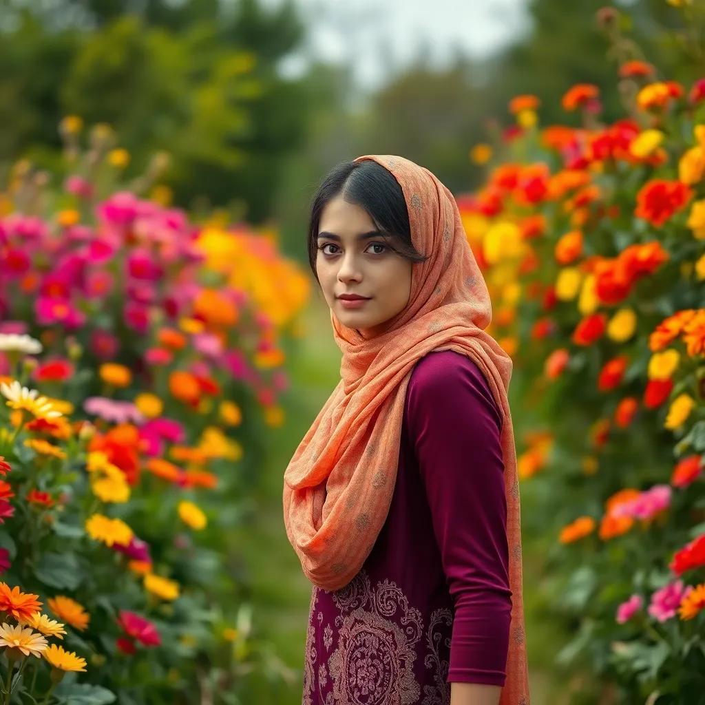 Sara, a young Arab woman, walking in the garden, looking thoughtful with colorful flowers around her, feeling curious and concerned, cheerful colors, bright perspective, inviting scenery