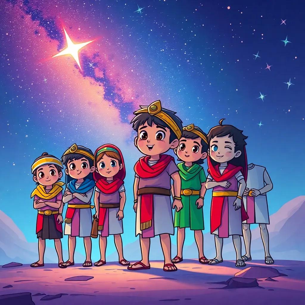 A group of brave Egyptian children, led by a boy named Sami, discussing their courage under a starry sky, vibrant colors, illustration, child-friendly, adventurous atmosphere