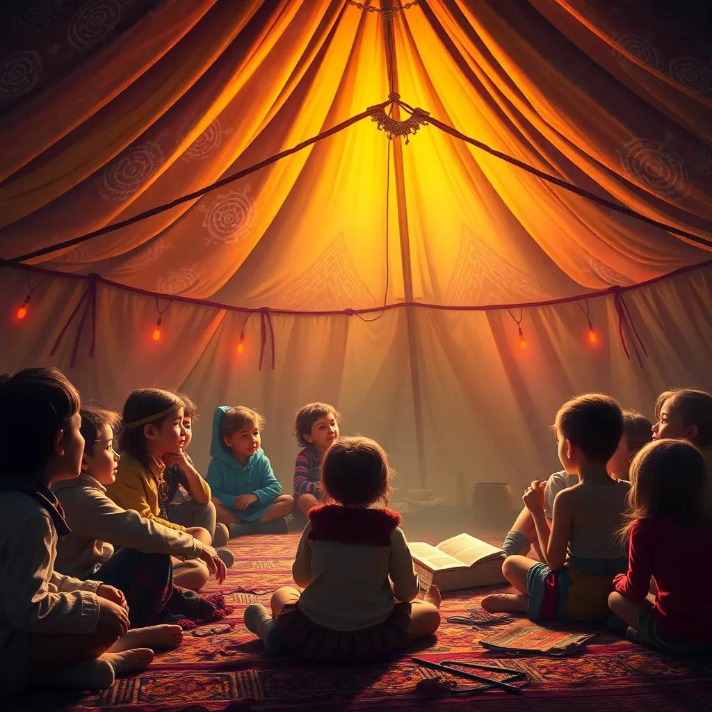A large tent where brave children gather, listening to a girl named Leila telling the stories of their ancestors, warm light, colorful, storytelling scene, inspiring