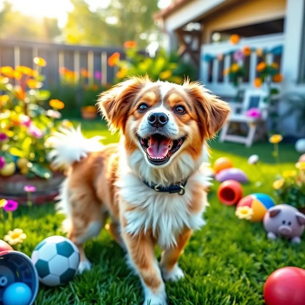 A happy dog named Bob, a playful dog with fluffy fur and a wagging tail, in a sunny garden with flowers and toys, vibrant colors, cheerful atmosphere, high quality
