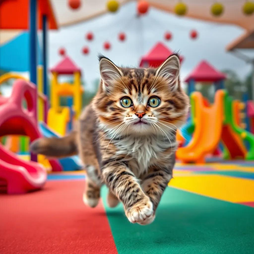 A playful cat named Noni, a fluffy cat with bright eyes, running in a colorful playground filled with slides and swings, joyful background, fun and engaging scene, high quality