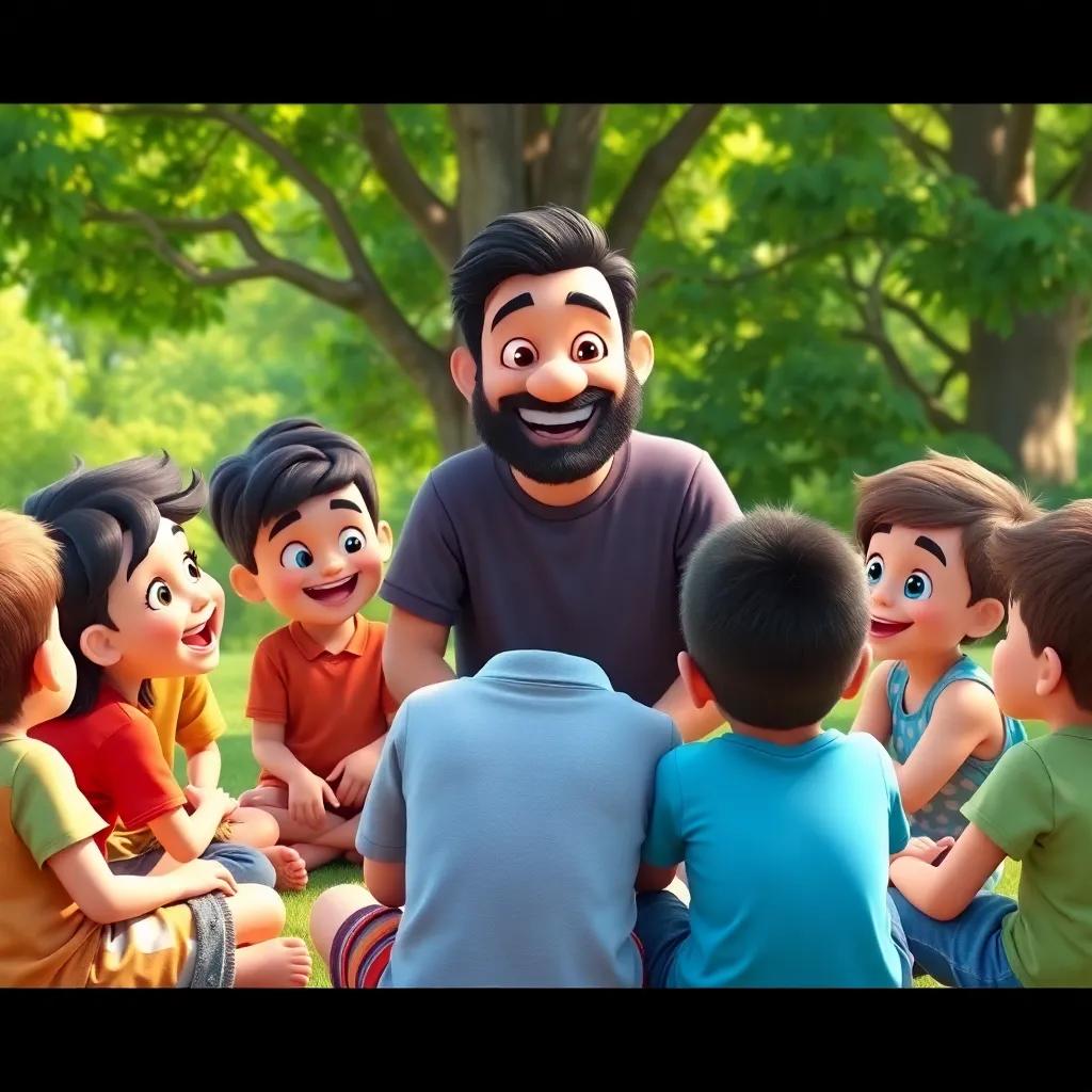 A group of happy children sitting in a circle listening to their teacher, a kind man, smiling, with lush green trees in the background, digital art, bright colors, cheerful atmosphere, high quality
