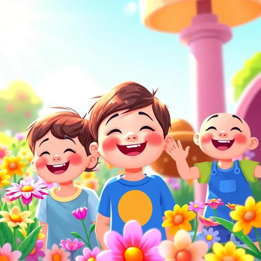Children happily repeating the word 'thank you', with shining smiles on their faces, surrounded by colorful flowers in a sunny playground, illustration, vibrant colors, joyful mood