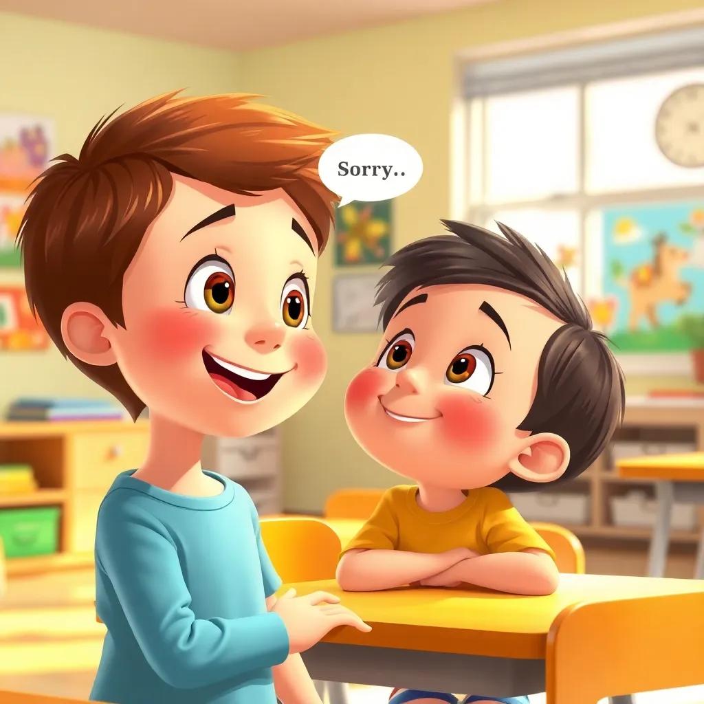 A child apologizing with a smile, saying 'sorry', looking up at a friend, who is smiling back, set in a cheerful classroom with art on the walls, cheerful illustration, warm light, friendly atmosphere