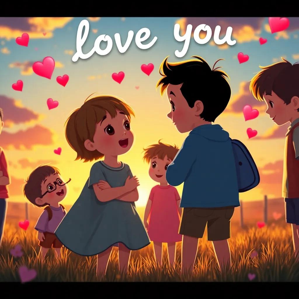 A group of children saying 'I love you' to each other, with hearts floating around them and a beautiful sunset in the background, digital art, colorful, warm light, heartwarming scene