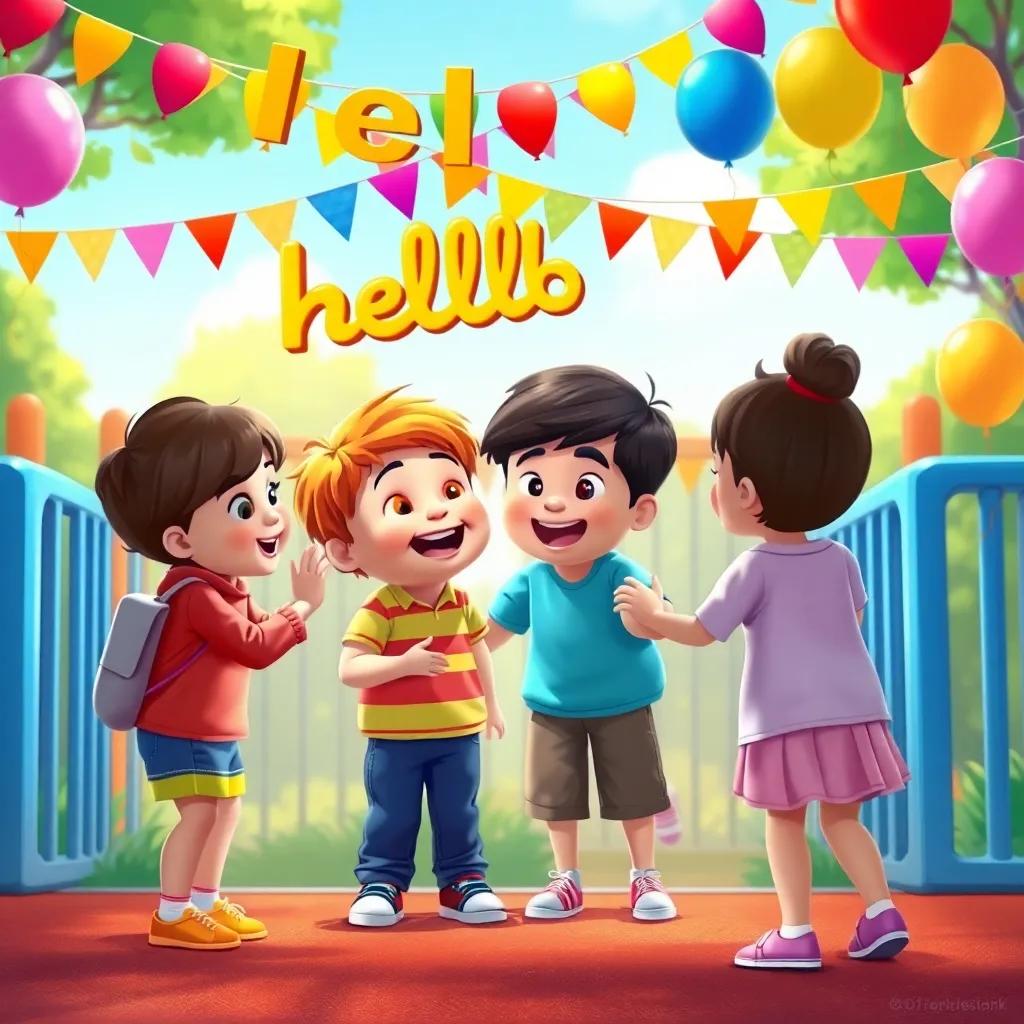 Children joyfully saying 'hello' to a new friend arriving in the playground, colorful banners and balloons decorating the scene, digital painting, festive colors, welcoming atmosphere