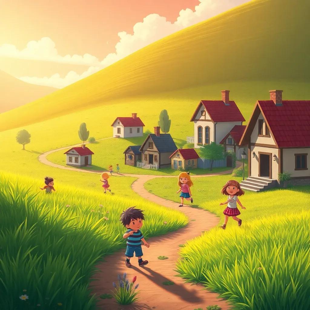A small village with children playing in the fields, cheerful atmosphere, warm sunlight, grassy hills, illustration, vibrant colors, inviting scene, high quality