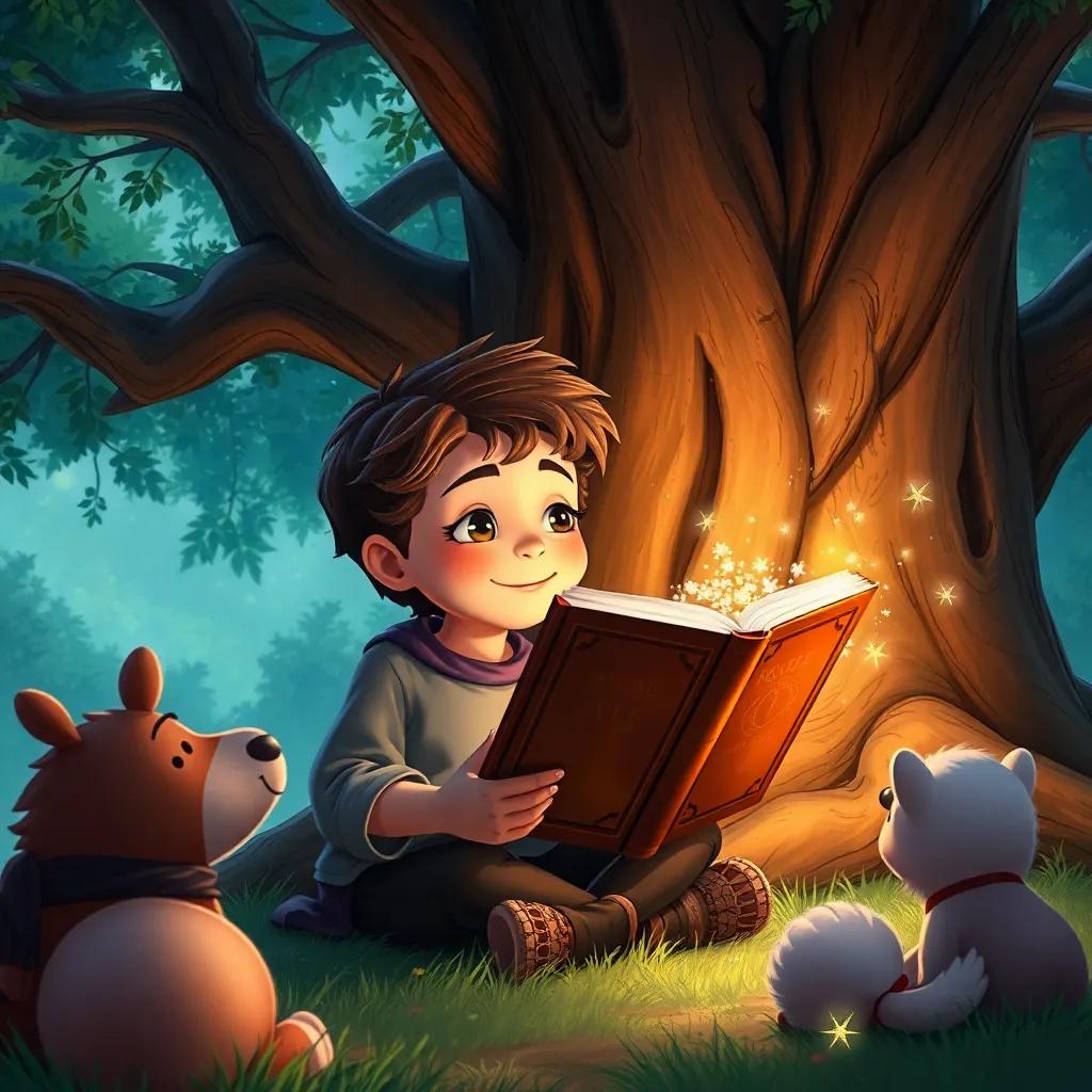 A child named Ali reading an old book under a big tree, surrounded by friends, magical sparkles around the book, detailed illustration, enchanted feeling, warm light, captivating view, high quality