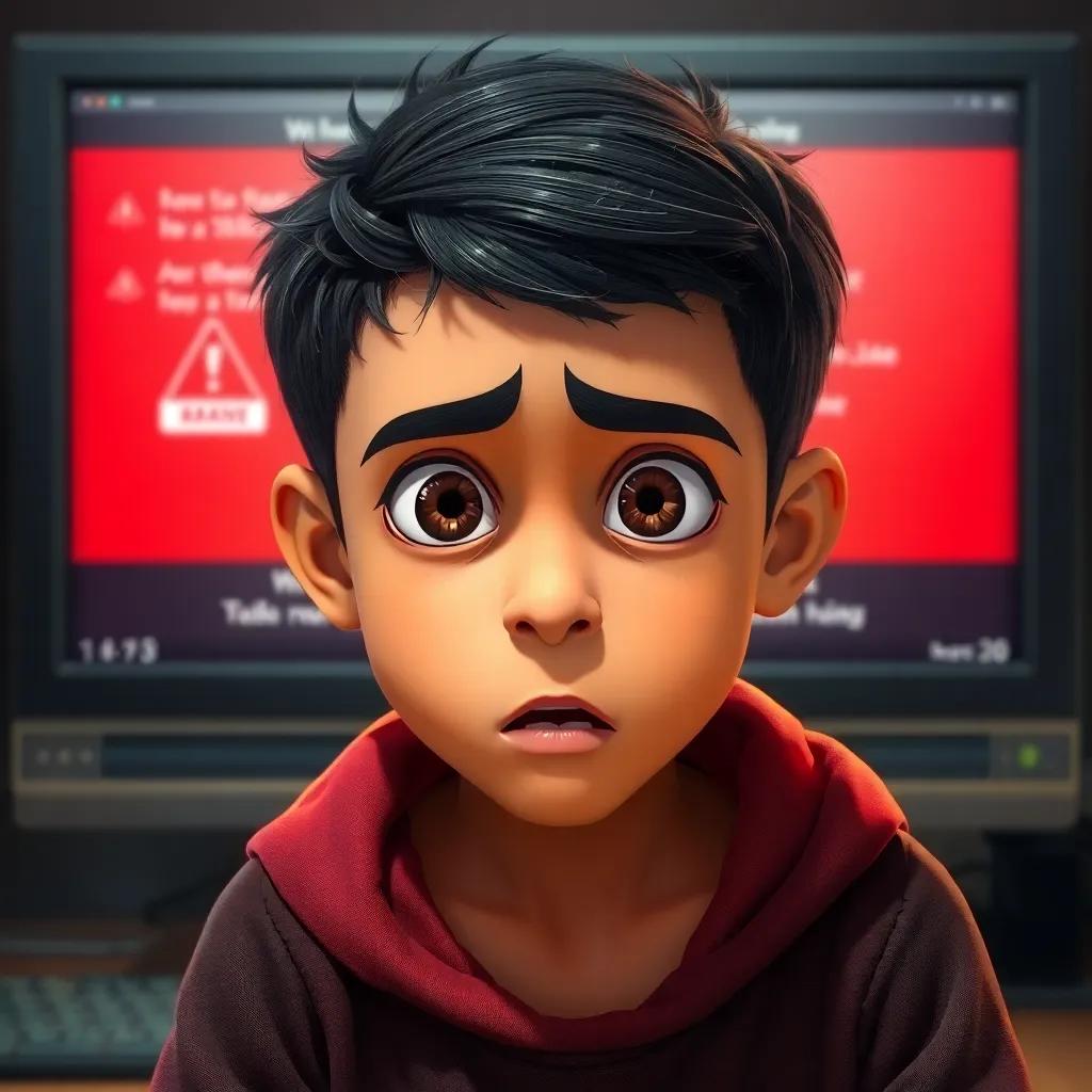 A young Arab boy, Ali, with short black hair, looking shocked in front of a computer screen displaying a warning message, feeling worried, detailed digital art, tense atmosphere, vibrant tones, close-up view, high quality