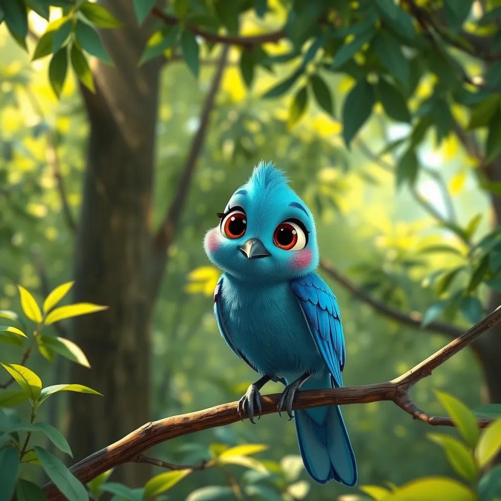 A beautiful blue bird, نموس, with bright feathers and wide eyes, perched on a branch in a lush green forest with sunlight filtering through the leaves, digital art, vibrant colors, cheerful atmosphere, high quality