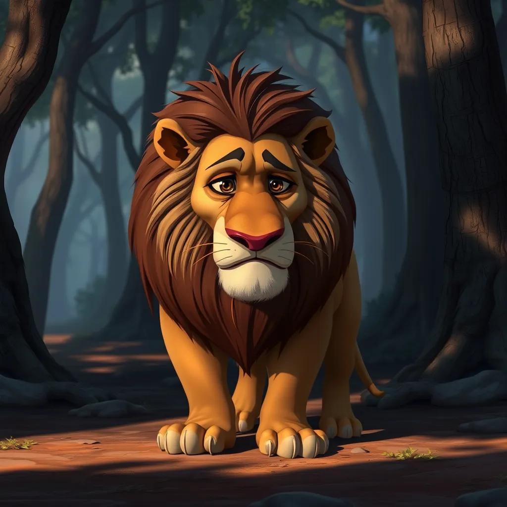 A large majestic lion looking tired and hungry, standing on the ground with a concerned expression, in the forest with trees and shadows around, digital painting, realistic, warm colors, storytelling perspective, high quality