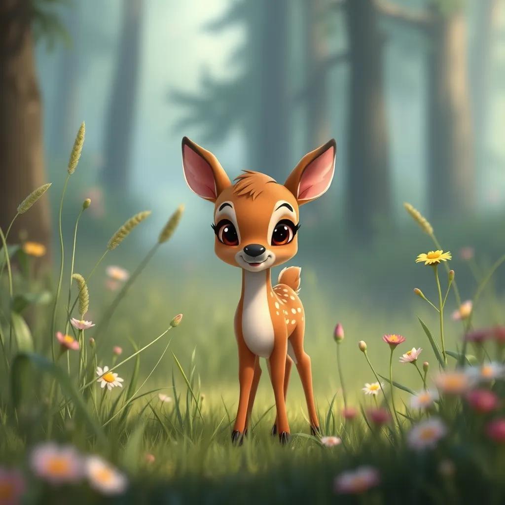 An adorable small deer, looking surprised and innocent, standing quietly in the forest, surrounded by tall grass and flowers, digital art, soft colors, peaceful atmosphere, high quality