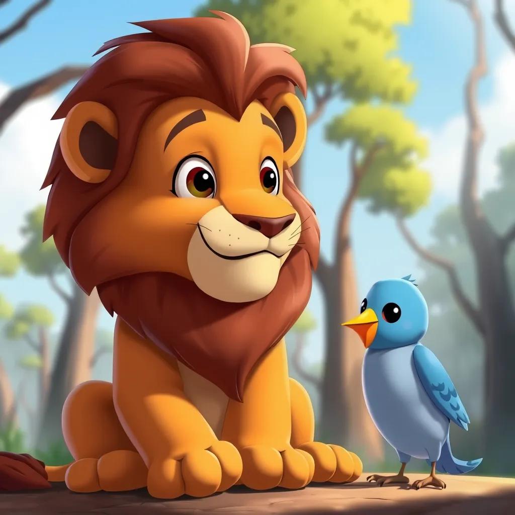 A wise lion with a thoughtful expression, sitting next to the blue bird, نموس, talking in the forest, with trees and clear blue sky in the background, illustration, child-friendly, warm light, high quality