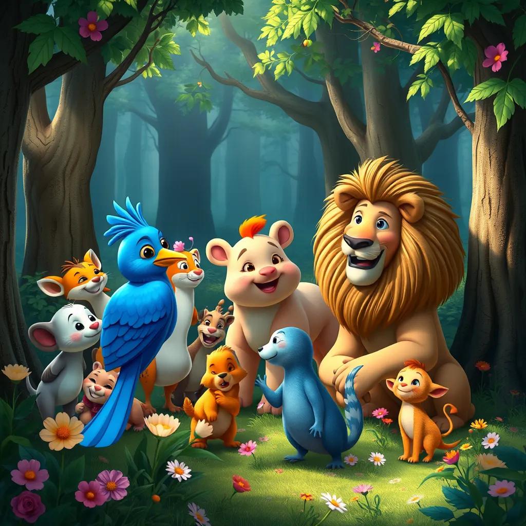 A peaceful forest scene with various animals gathering together, including the blue bird, نموس, and the lion, celebrating friendship with flowers and greenery all around, digital painting, colorful, joyful mood, high quality
