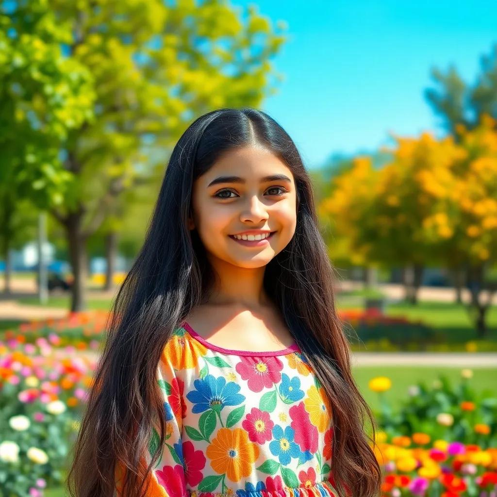 A young Arab girl, Sara, with long, dark hair wearing a colorful dress, standing in a sunny park with a bright blue sky and colorful flowers, cheerful atmosphere, digital art, vibrant colors, joyful expression, high quality