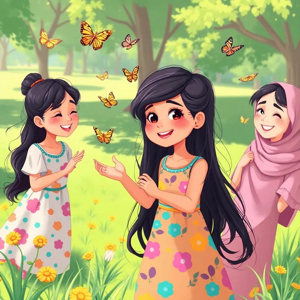 A young Arab girl, Sara, with long, dark hair in a colorful dress, playing with her friends Sami and Lina, they are laughing and catching butterflies in a green park, sunny day, illustration, fun and lively scene, child-friendly, high quality
