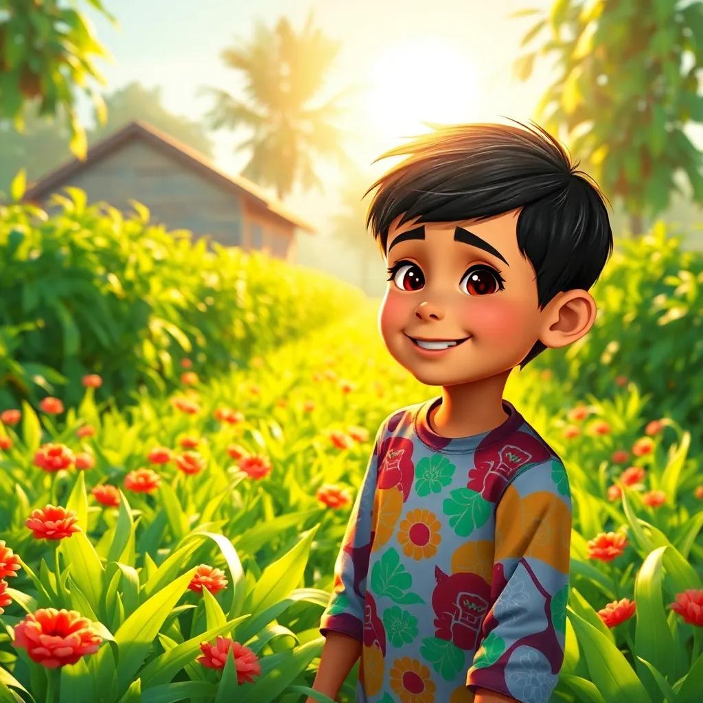 A young Arab boy, Amin, with short, dark hair wearing a colorful shirt, playing in a lush green farm under the bright sun, cheerful atmosphere, vibrant colors, child-friendly, high quality
