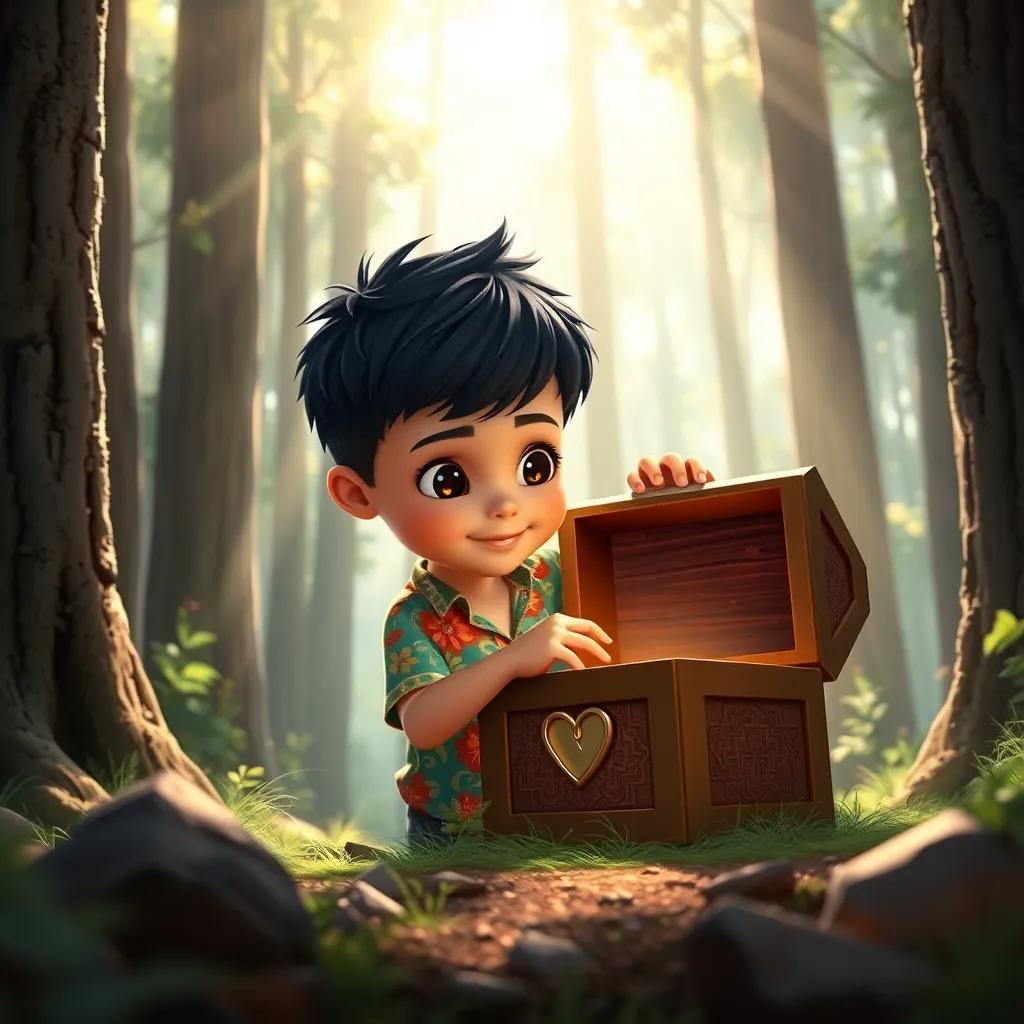 A young boy, Amin, with short, dark hair wearing a colorful shirt, discovering a shiny chest in the forest, surrounded by tall trees and sunlight, whimsical style, magical atmosphere, child-friendly, high quality