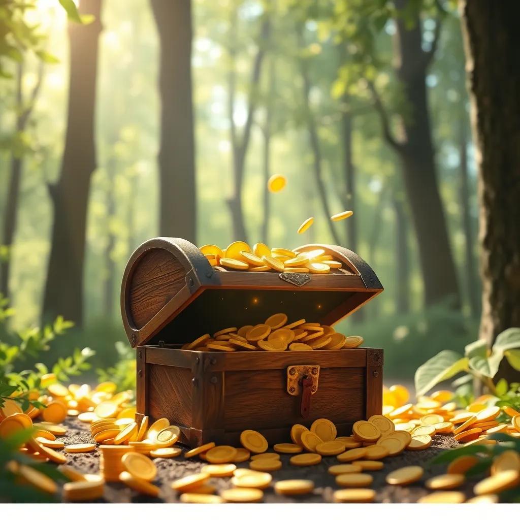 A small treasure chest overflowing with gold coins, opened in a bright forest, sparkling treasures, soft light filtering through the trees, enchanting atmosphere, child-friendly, high quality