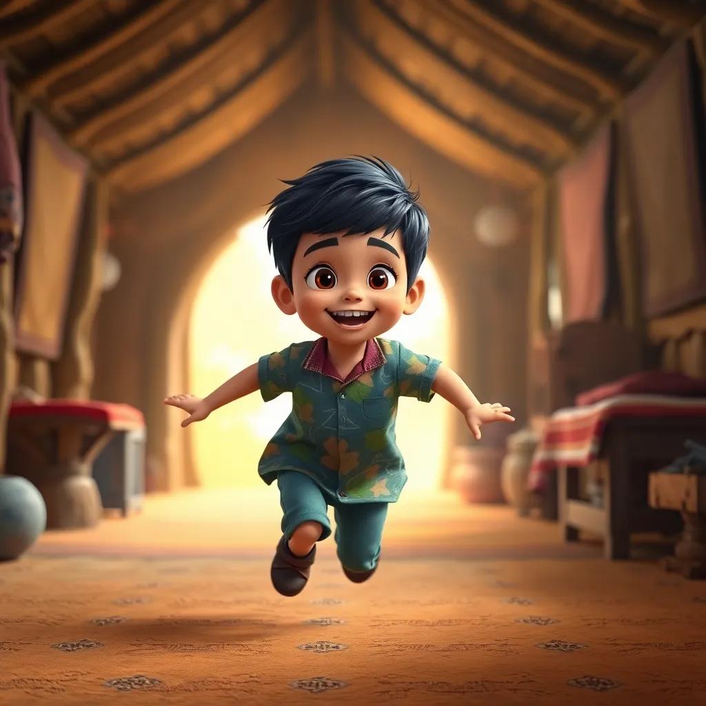 A young Arab boy, Amin, with short, dark hair wearing a colorful shirt, running excitedly towards his grandfather in a cozy hut, filled with warmth and love, soft light, inviting atmosphere, child-friendly, high quality