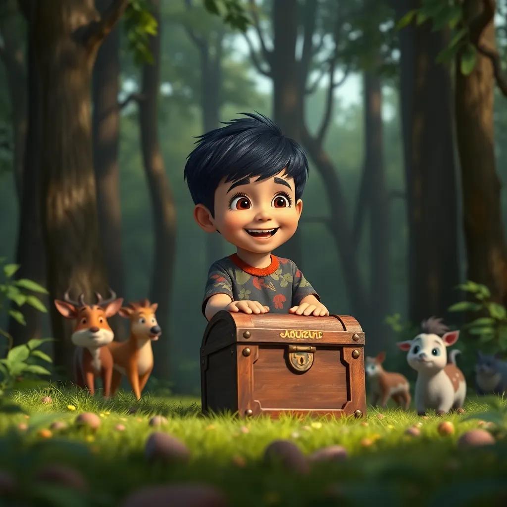 A young boy, Amin, with short, dark hair wearing a colorful shirt, joyfully returning the treasure chest to its original spot in the forest, surrounded by trees and animals, enchanting scene, child-friendly, high quality