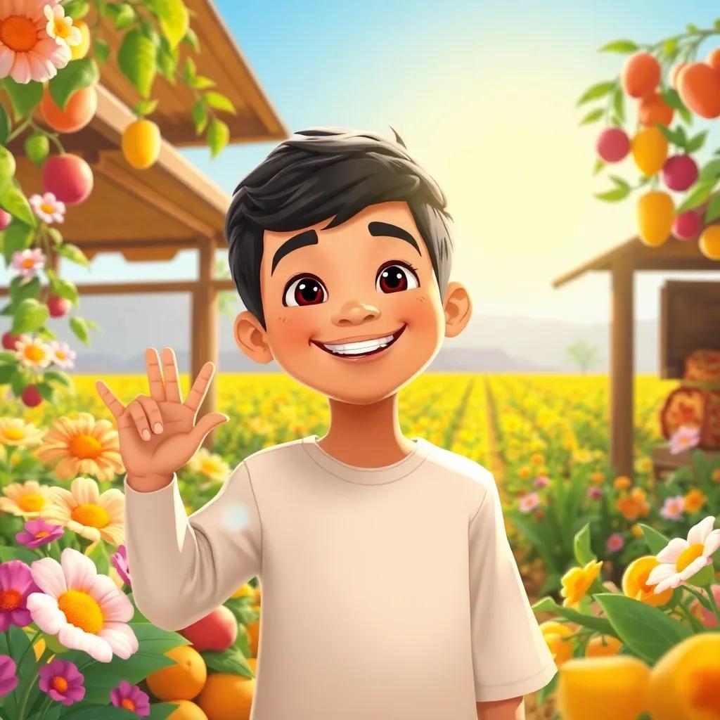 A young Arab boy, Amin, feeling proud and happy in the farm, surrounded by flowers and fruits, the sun shining brightly, vivid colors, child-friendly, high quality