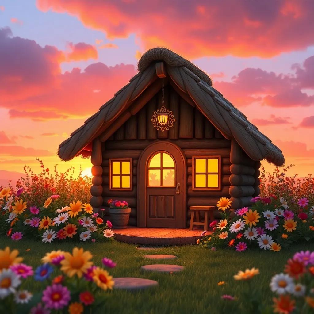 A cozy hut with flowers around it, with a sunset in the background, symbolizing warmth, home, and family, beautiful scenery, inviting atmosphere, child-friendly, high quality