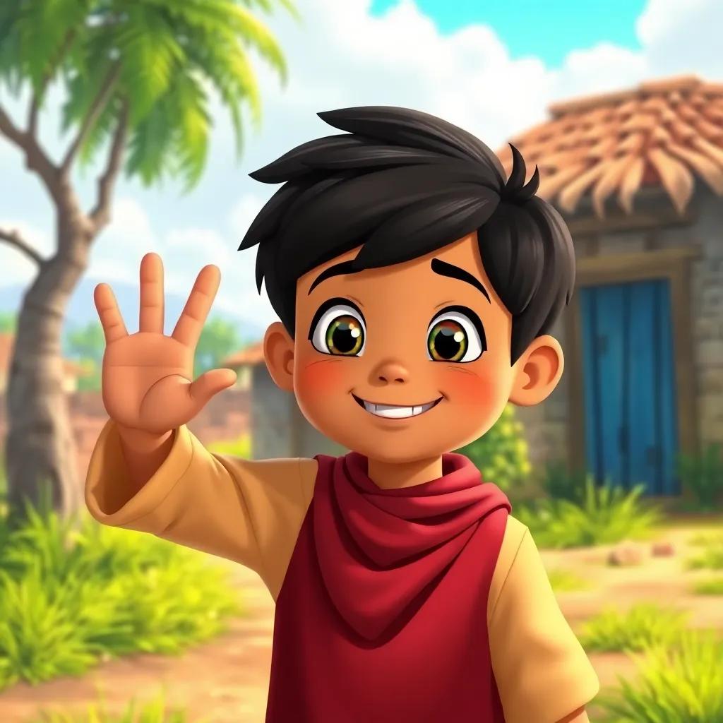 A young boy, Amin, waving to his friends in the village, sharing his story about honesty, cheerful scene, vibrant colors, child-friendly, high quality