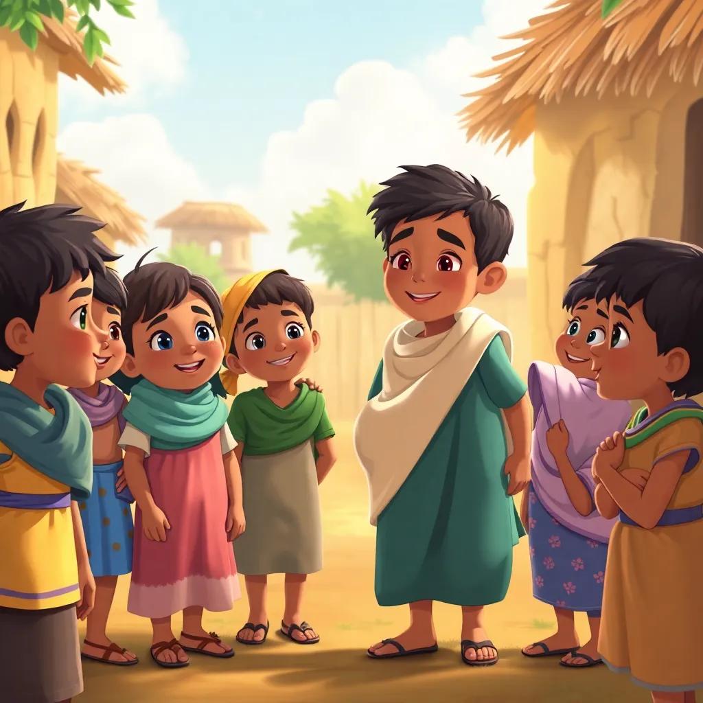 A group of children gathered around Amin in the village, looking up to him as a role model of honesty and kindness, cheerful and inspiring atmosphere, warm colors, child-friendly, high quality