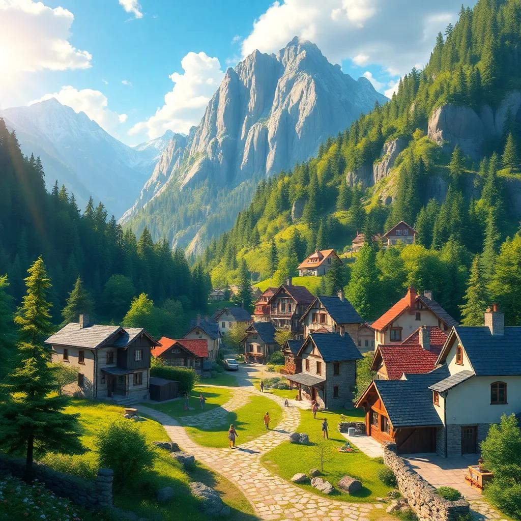 A beautiful village nestled between tall mountains and thick forests, with charming houses and children playing, vibrant colors, warm sunlight, serene atmosphere, digital art, high quality