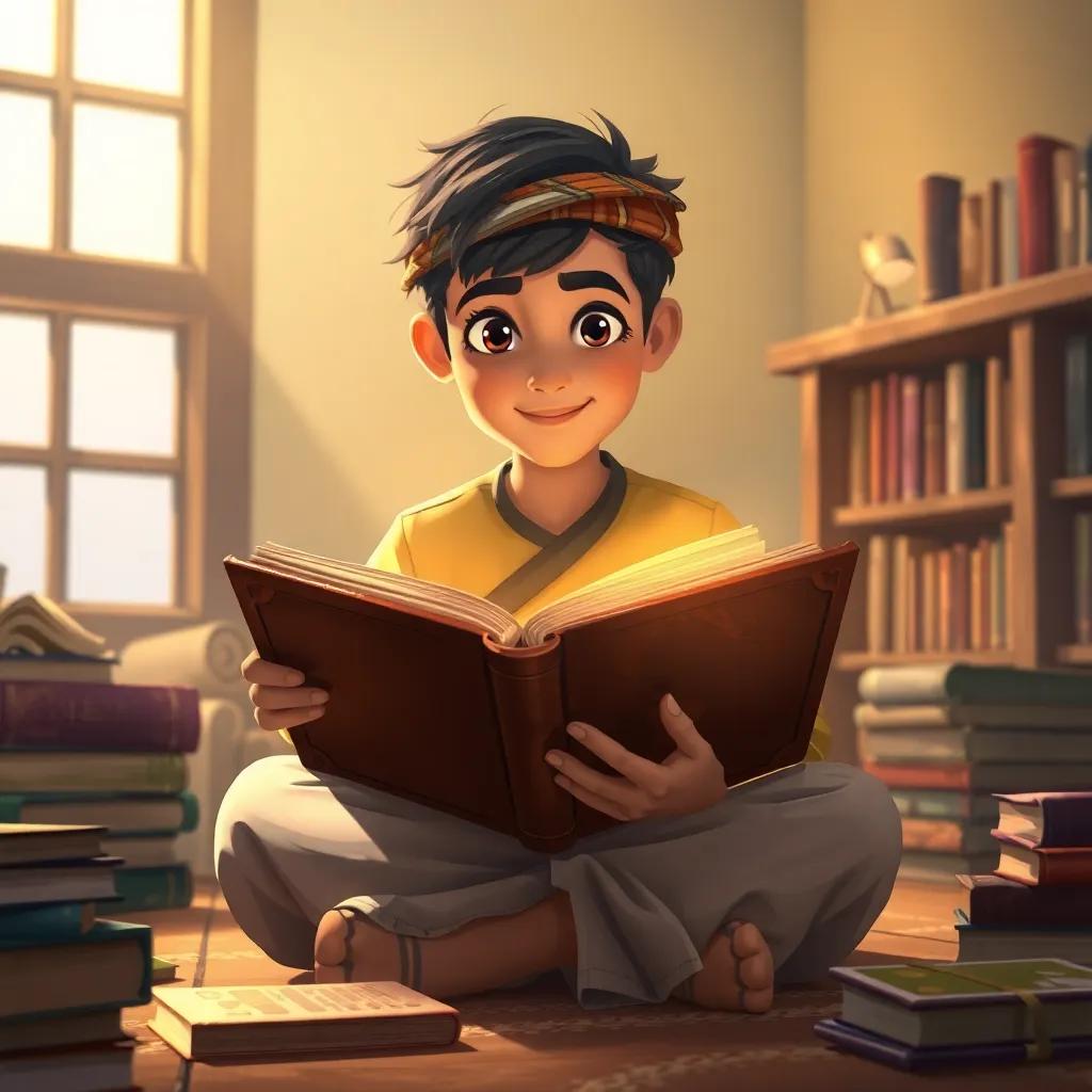 A young Arab boy, Yasser, sitting with an old leather book featuring a glowing map, in a cozy room filled with books, soft light, warm colors, inviting, digital illustration, high quality