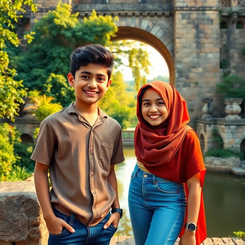 A young Egyptian boy, Hassan, wearing a simple shirt and jeans, with his friend Fatima, both smiling, standing by an ancient bridge with lush greenery around, vibrant colors, warm light, fun and friendly vibe, high quality