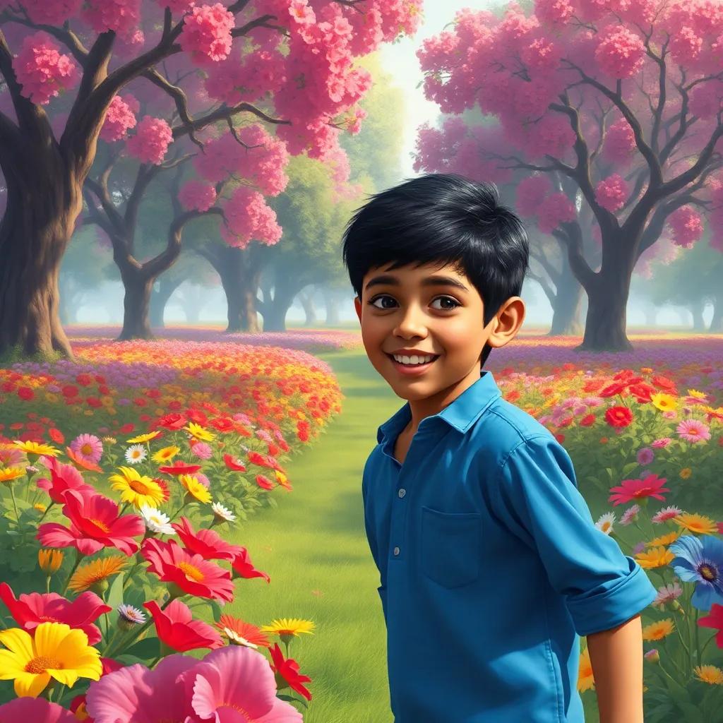 A young Arab boy, Hamza, with short black hair wearing a blue shirt, playing happily in a large garden filled with colorful flowers and big trees, digital art, vibrant colors, cheerful atmosphere, high quality