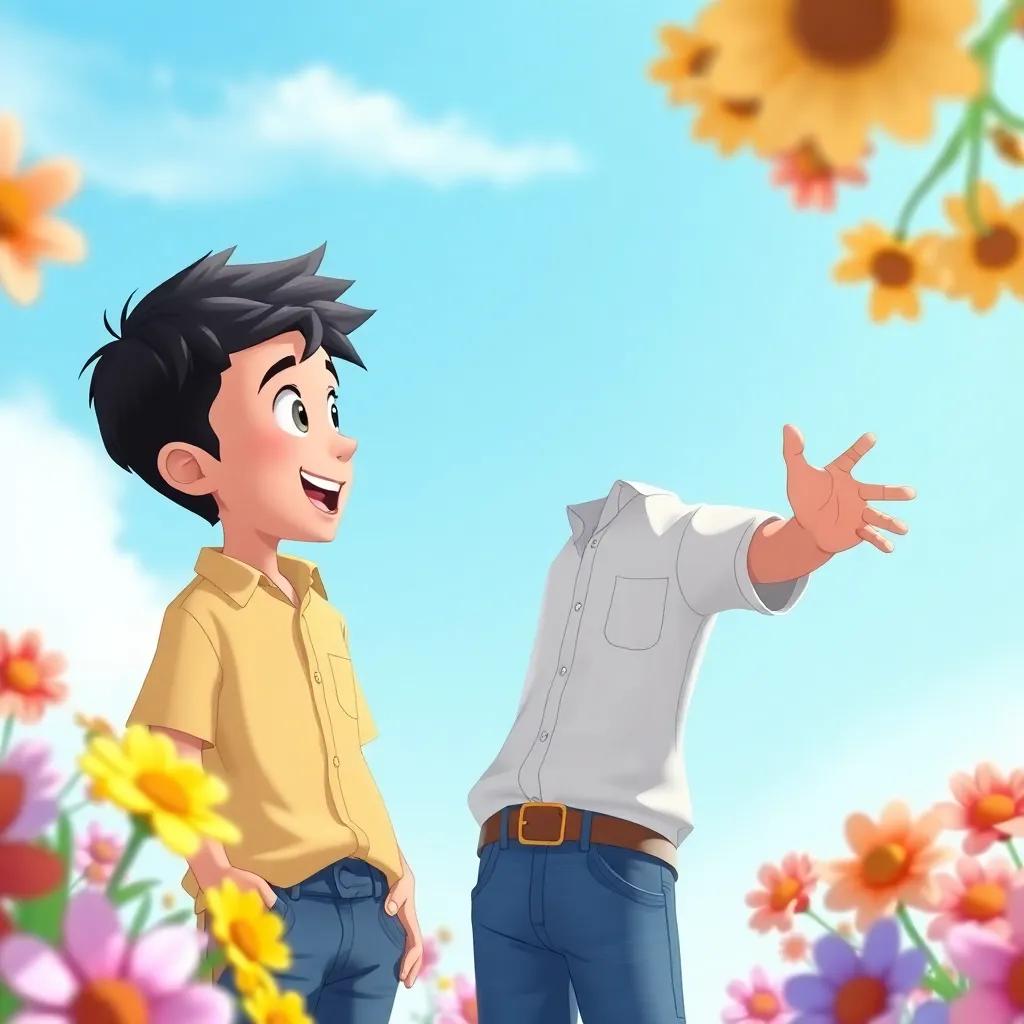 A young Arab boy, Khalid, with short black hair, wearing a simple shirt and jeans, excitedly talking to his friend, under a clear blue sky with colorful flowers around, illustration, vibrant colors, cheerful atmosphere, high quality