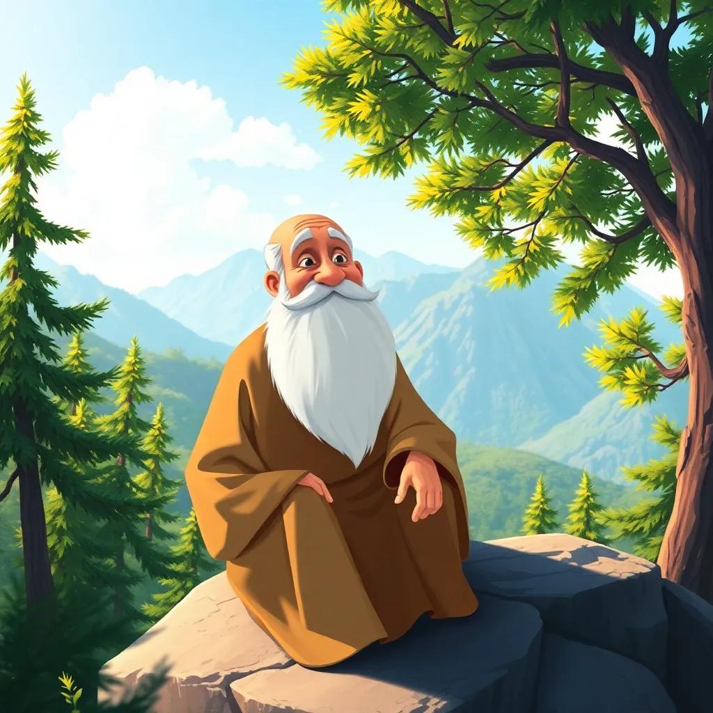 An elderly wise man, with a long white beard, wearing a traditional robe, sitting on a rock in the mountains, smiling at Khalid, surrounded by green trees and a clear sky, illustration, warm light, friendly, high quality