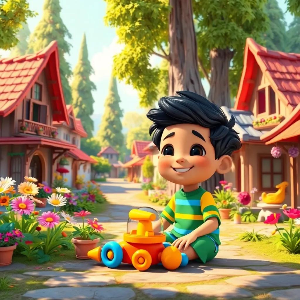 A small village with colorful flowers and tall trees, a cheerful boy named Salim playing with toys, bright and sunny atmosphere, child-friendly, digital art, cheerful color palette, high quality